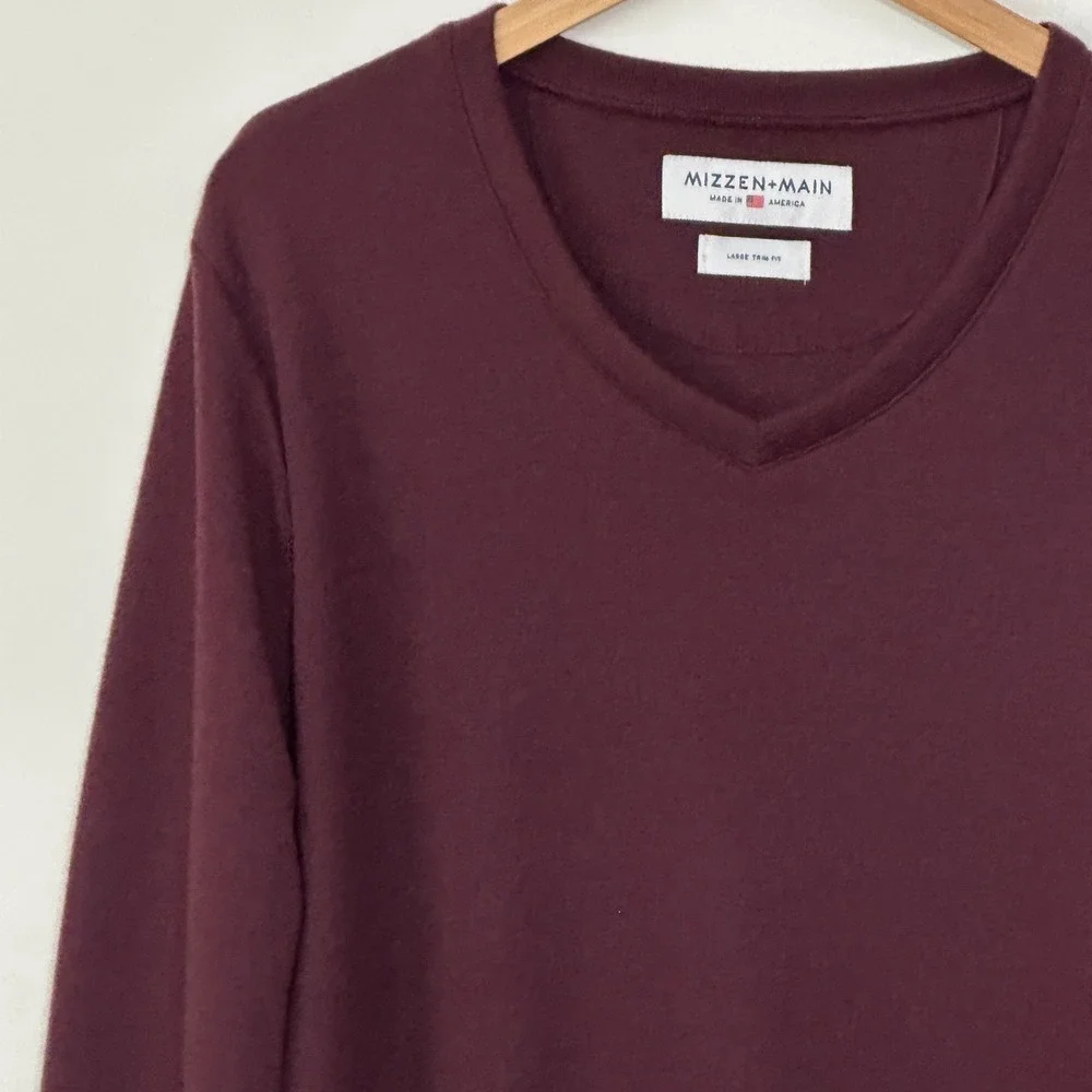 Mizzen Main Mens Sweater L Burgundy Maroon Trim Fit V-Neck Lightweight Preppy
